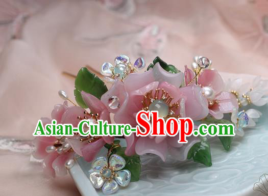 Chinese Handmade Ming Dynasty Pink Peony Hairpin Traditional Plastic Flowers Hair Stick