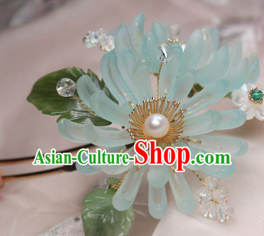 Chinese Handmade Ming Dynasty Hairpin Traditional Ancient Princess Blue Chrysanthemum Hair Stick