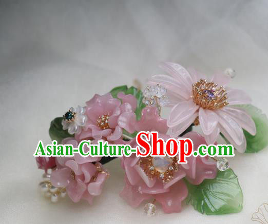 Chinese Handmade Headwear Ming Dynasty Hairpin Traditional Ancient Princess Pink Peony Hair Stick