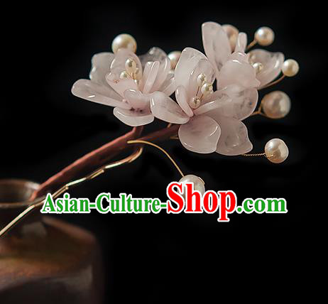 Chinese Handmade Pink Mangnolia Hair Stick Traditional Ming Dynasty Princess Rose Quartz Hairpin
