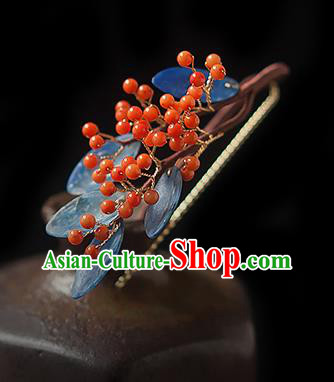 Chinese Handmade Red Berry Hair Stick Traditional Ming Dynasty Princess Blue Leaf Hairpin