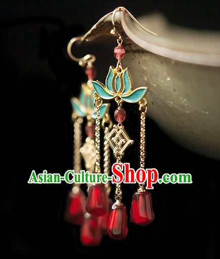 China Traditional Hanfu Red Beads Tassel Earrings Ancient Ming Dynasty Princess Lotus Ear Jewelry
