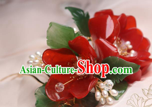 Chinese Handmade Red Camellia Hair Stick Traditional Ancient Princess Pearls Hairpin Hair Accessories