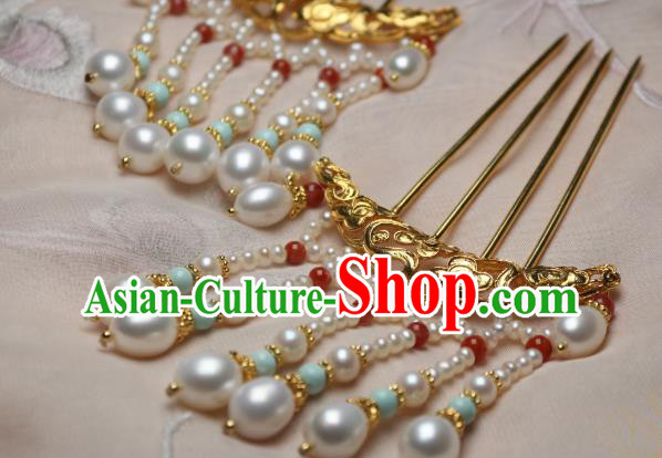 Chinese Handmade Ming Dynasty Golden Cloud Hair Stick Traditional Ancient Princess Pearls Tassel Hairpin