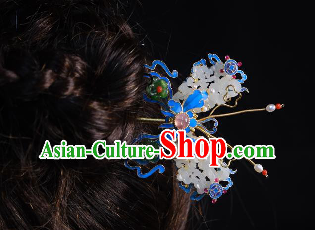 Chinese Handmade Qing Dynasty Tourmaline Hair Stick Traditional Ancient Imperial Consort Jade Butterfly Hairpin