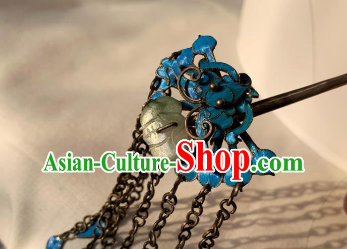 Chinese Handmade Blue Butterfly Hair Stick Traditional Ancient Qing Dynasty Jade Tassel Hairpin