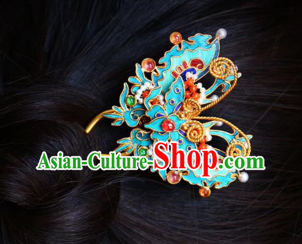 Chinese Handmade Tourmaline Gems Hair Stick Traditional Ancient Qing Dynasty Blueing Butterfly Hairpin