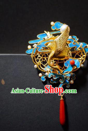 China Traditional Ancient Qing Dynasty Cloisonne Agate Jewelry Handmade Golden Crane Brooch Accessories