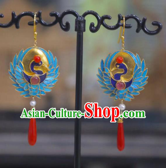 Chinese Ancient Court Lady Blueing Phoenix Ear Accessories Traditional Jewelry Qing Dynasty Empress Agate Earrings