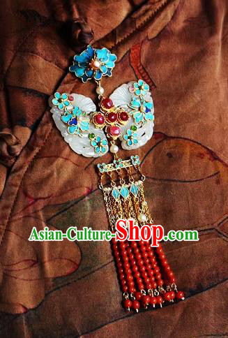 China Handmade Jade Brooch Jewelry Traditional Qing Dynasty Red Beads Tassel Pendant Accessories