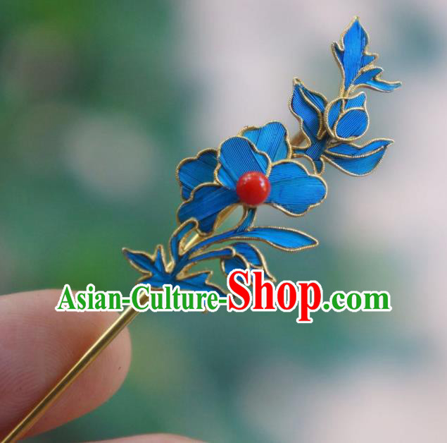 Chinese Ancient Empress Coral Hair Stick Traditional Hair Jewelry Qing Dynasty Blue Peony Hairpin