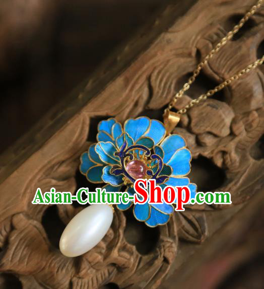 China Traditional Cloisonne Peony Necklace Jewelry Accessories Qing Dynasty Pearls Tourmaline Necklet Pendant