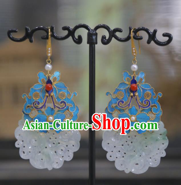 Chinese Qing Dynasty Pearls Earrings Traditional Jade Jewelry Ancient Empress Cloisonne Butterfly Ear Accessories