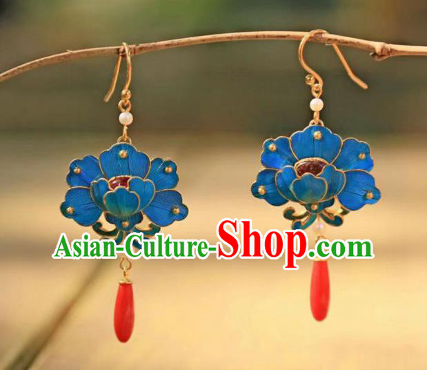 Chinese Traditional Ruby Jewelry Ancient Empress Agate Ear Accessories Qing Dynasty Blue Peony Earrings