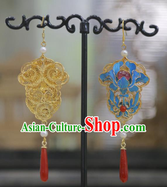 Chinese Qing Dynasty Agate Earrings Ancient Empress Tourmaline Ear Accessories Traditional Filigree Jewelry