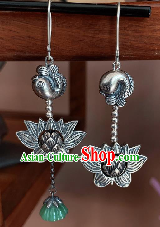 China Traditional Cheongsam Silver Carving Lotus Ear Accessories National Jade Tassel Earrings