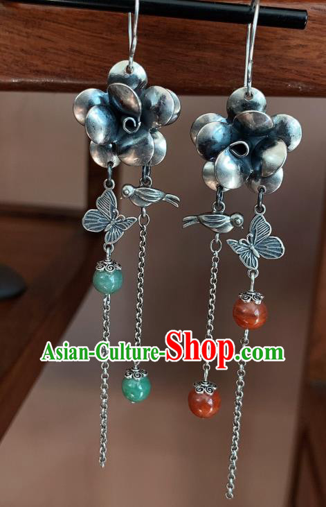 China National Long Tassel Earrings Traditional Cheongsam Silver Carving Flower Ear Accessories