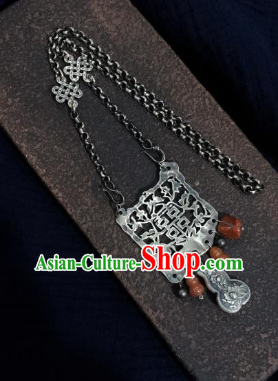 Handmade Chinese Agate Gourd Necklace Accessories National Wedding Silver Carving Necklet