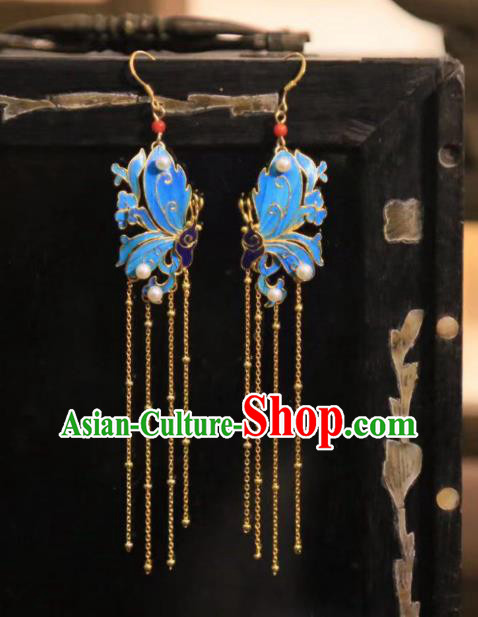 Chinese Handmade Traditional Golden Tassel Earrings Jewelry Ancient Qing Dynasty Court Cloisonne Butterfly Ear Accessories