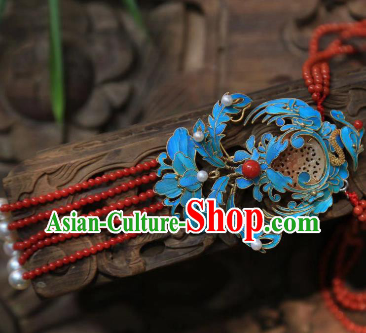 China Traditional Red Beads Tassel Necklace Jewelry Accessories Qing Dynasty Necklet Jade Pendant
