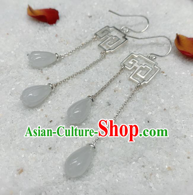 China National Silver Earrings Jewelry Traditional Cheongsam Jade Mangnolia Tassel Ear Accessories