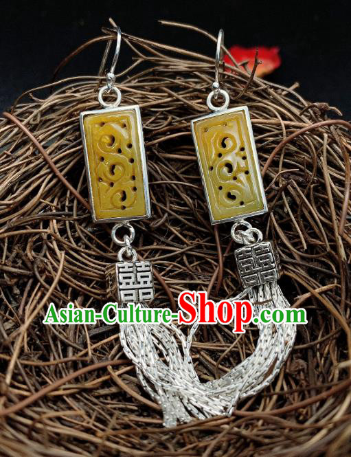 China National Wedding Silver Tassel Earrings Jewelry Traditional Cheongsam Jadeite Ear Accessories