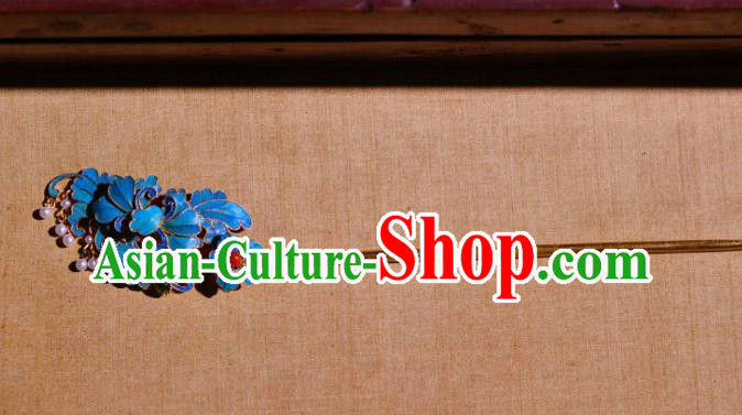 Chinese Ancient Qing Dynasty Empress Blueing Peony Hairpin Traditional Hair Jewelry Hair Stick