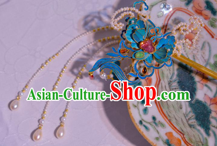 Chinese Traditional Hair Jewelry Pearls Tassel Hair Stick Ancient Qing Dynasty Empress Butterfly Hairpin