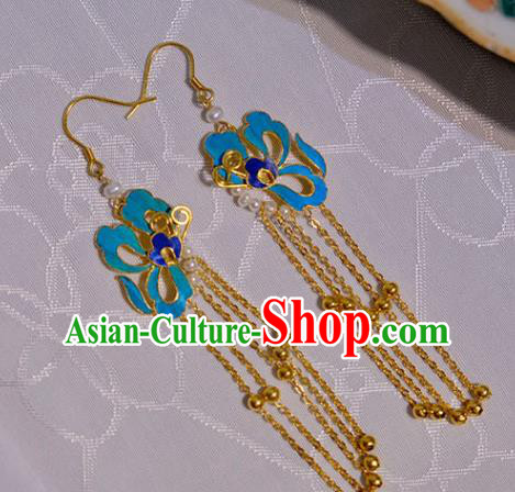 Chinese Traditional Blueing Butterfly Earrings Culture Jewelry Cheongsam Golden Tassel Ear Accessories