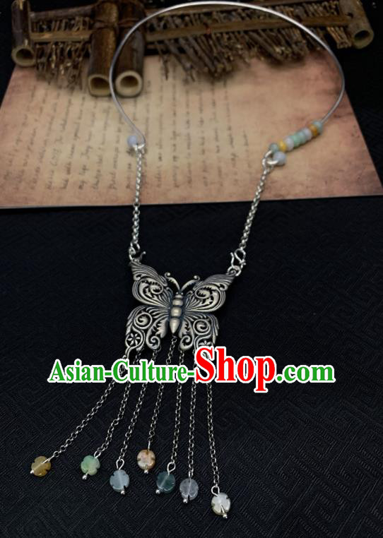 Handmade Chinese Silver Butterfly Necklace Accessories National Jade Tassel Necklet Pendant