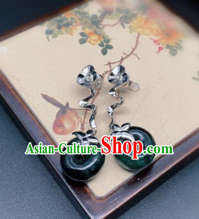 China Traditional Silver Ear Accessories National Cheongsam Jadeite Peace Buckle Earrings Jewelry