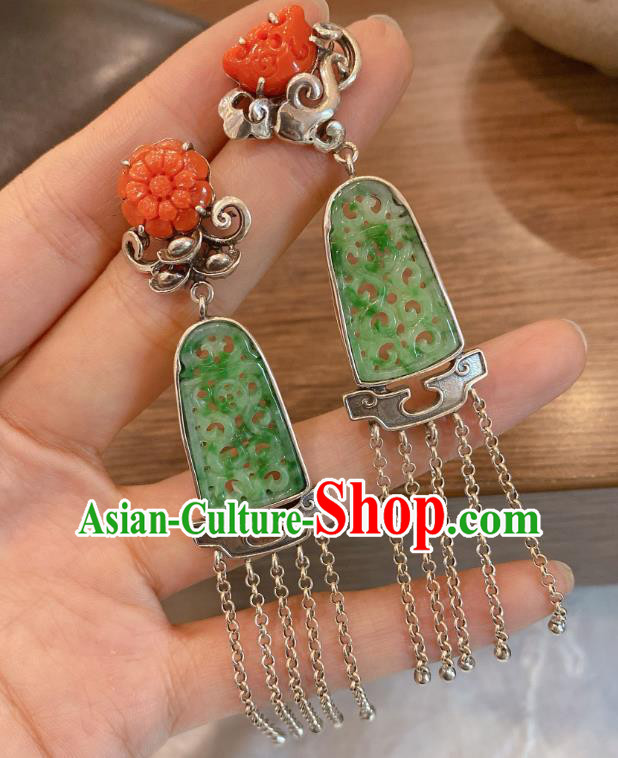 China Classical Wedding Silver Tassel Earrings Traditional Handmade Jadeite Carving Ear Accessories