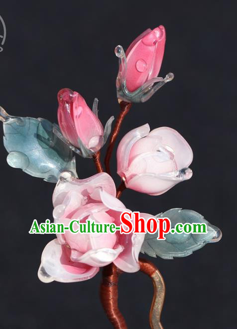 China Hanfu Pink Flowers Hair Stick Classical Ming Dynasty Hairpin Traditional Hair Accessories