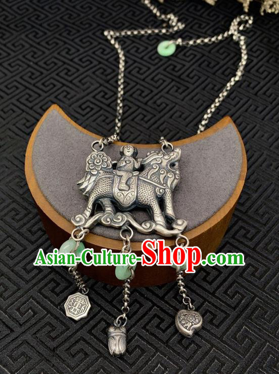 Handmade Chinese Necklace Accessories National Jadeite Necklet Pendant Silver Longevity Lock