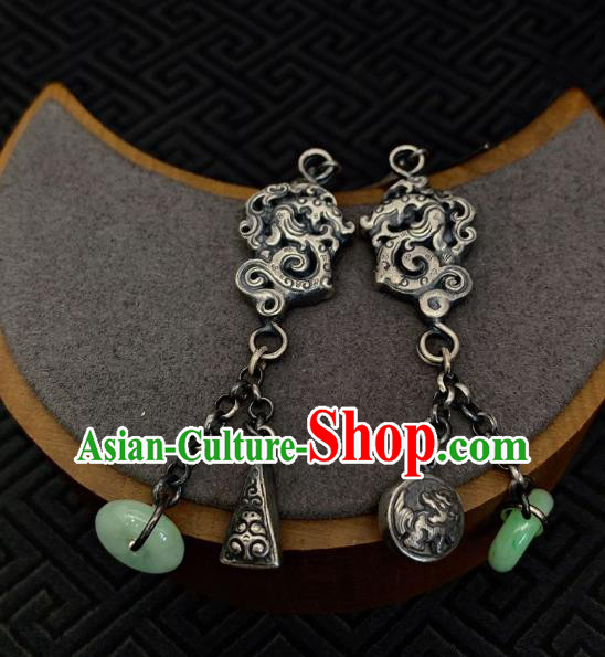 China Traditional Silver Dragon Ear Accessories National Cheongsam Jade Peace Buckle Earrings Jewelry