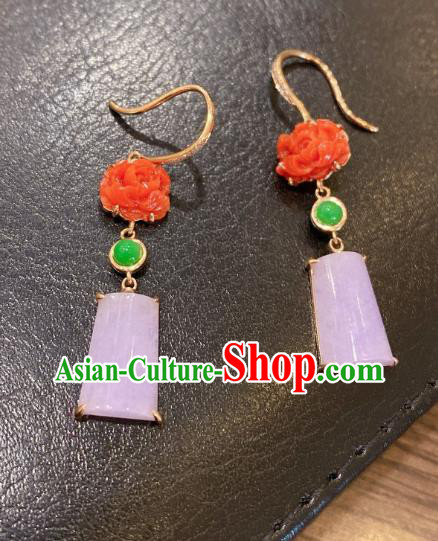 China Classical Pink Jade Earrings Traditional Handmade Agate Carving Peony Ear Accessories