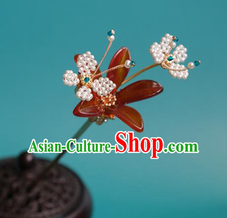 China Handmade Red Flower Hairpin Classical Hanfu Beads Butterfly Hair Stick Traditional Ming Dynasty Princess Hair Accessories
