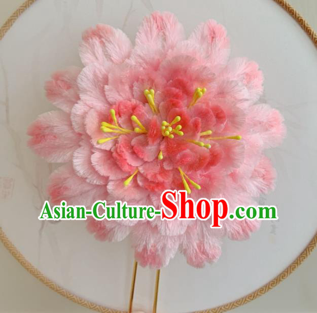 Traditional China Ancient Qing Dynasty Queen Hair Stick Classical Pink Velvet Peony Hairpin