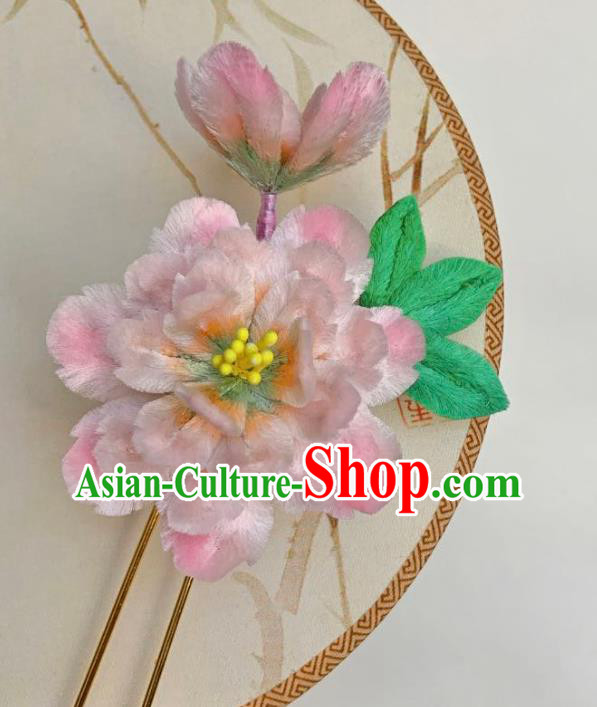 Traditional China Classical Pink Velvet Peony Hairpin Ancient Qing Dynasty Empress Hair Stick