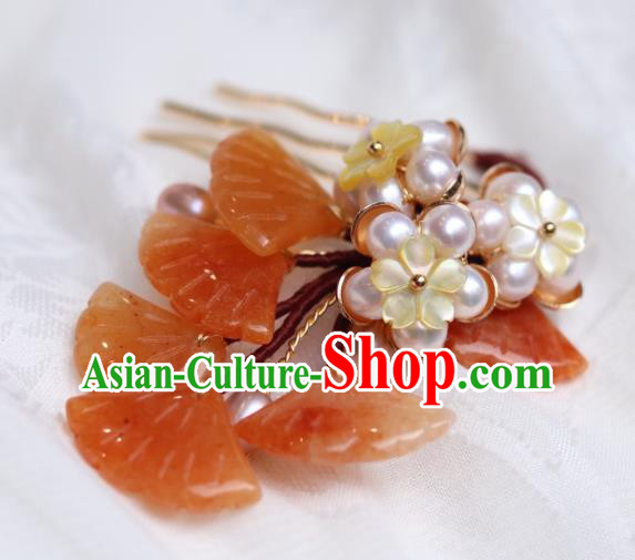 China Classical Hanfu Red Ginkgo Leaf Hairpin Traditional Ming Dynasty Princess Shell Plum Hair Comb