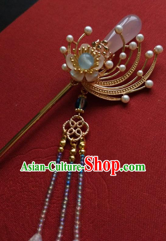 China Ancient Princess Rose Quartz Hairpin Traditional Ming Dynasty Beads Tassel Hair Clip