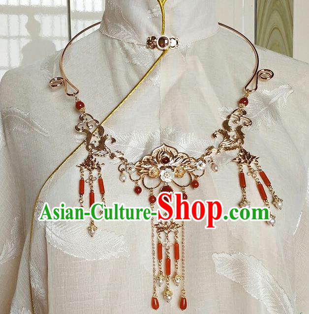 Chinese Traditional Ming Dynasty Princess Agate Tassel Necklet Classical Hanfu Golden Peony Necklace