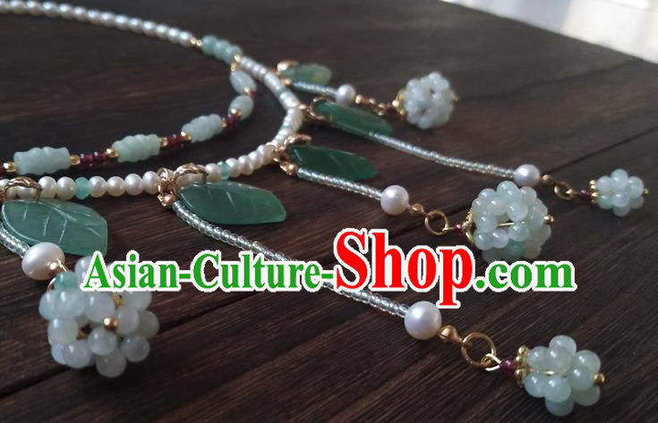 Chinese Classical Hanfu Pearls Necklace Traditional Ming Dynasty Princess Green Beads Tassel Necklet