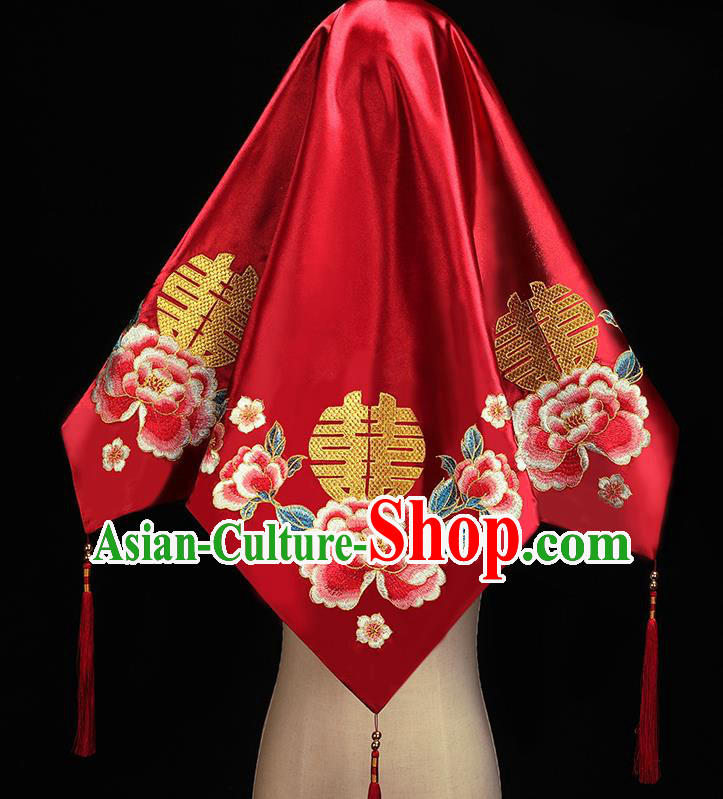 Chinese Embroidered Peony Red Satin Bridal Veil Accessories Traditional Wedding Headdress