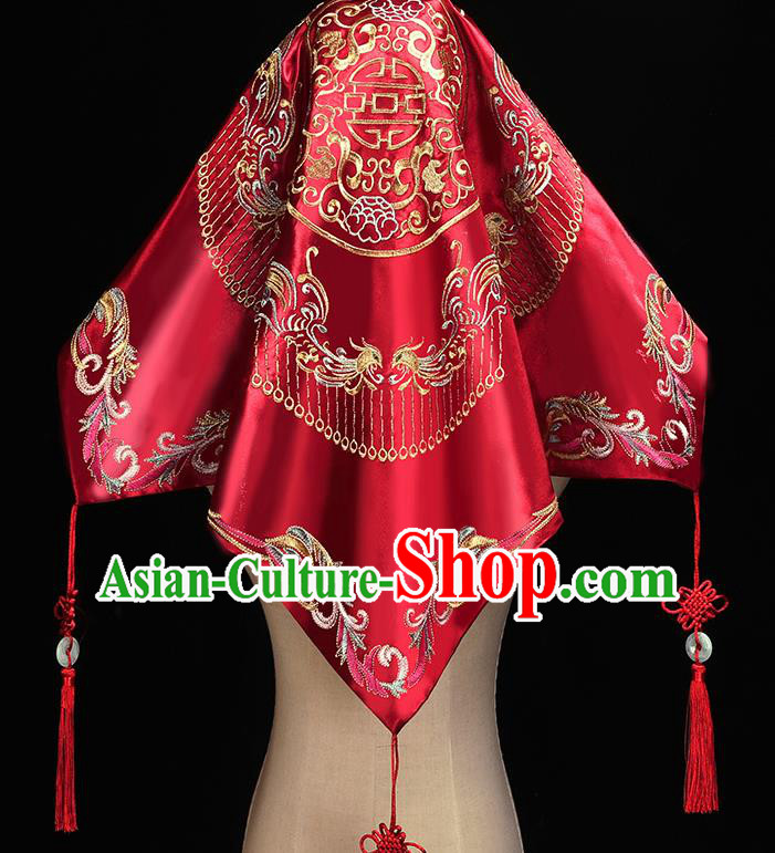 Chinese Embroidered Phoenix Red Satin Bridal Veil Traditional Wedding Xiuhe Suit Headdress