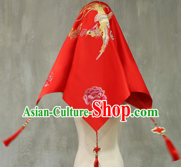 Chinese Xiuhe Suit Accessories Embroidered Phoenix Peony Red Satin Bridal Veil Traditional Wedding Headdress