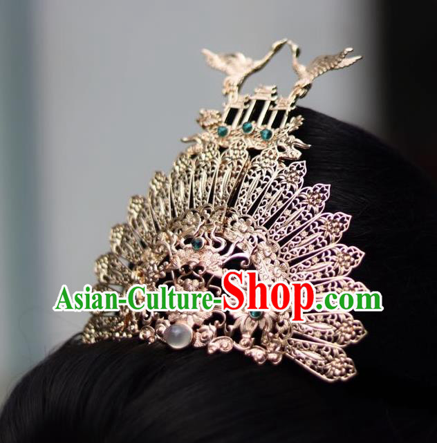 China Ancient Princess Hair Comb Traditional Ming Dynasty Golden Crane Hair Crown