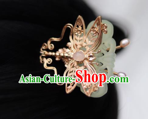China Ancient Princess Jade Hairpin Traditional Ming Dynasty Golden Dragonfly Hair Stick