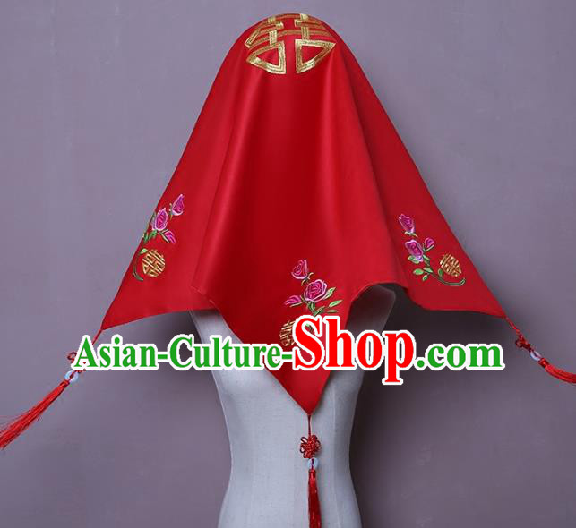 Chinese Embroidered Rose Bridal Veil Classical Xiuhe Suit Red Satin Accessories Traditional Wedding Headwear