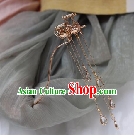 China Ancient Palace Lady Golden Boat Hairpin Traditional Ming Dynasty Crystal Tassel Hair Stick